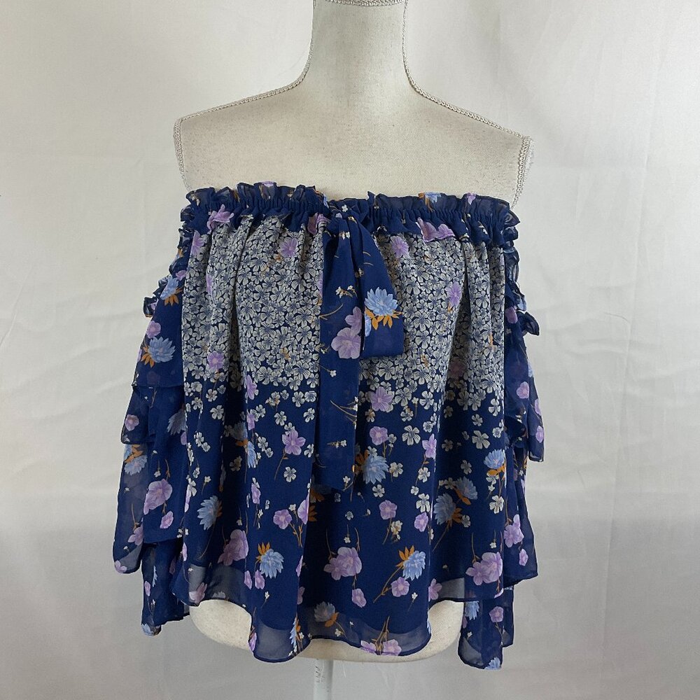Misa Off Shoulder Blouse XS Blue White Purple Orange Floral Ruffle Tie Tiered